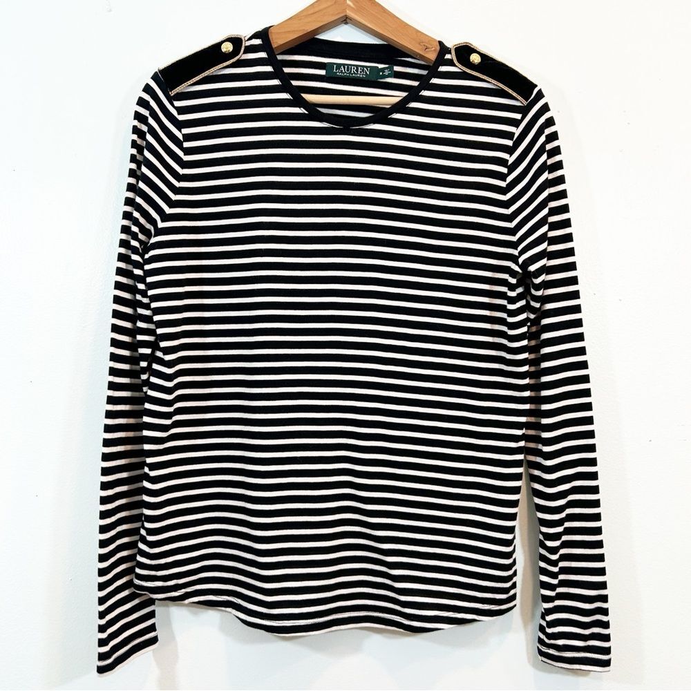 Lauren Ralph Lauren Black White Stripe Nautical Sailor Crew Neck Top Velvet Tabs
